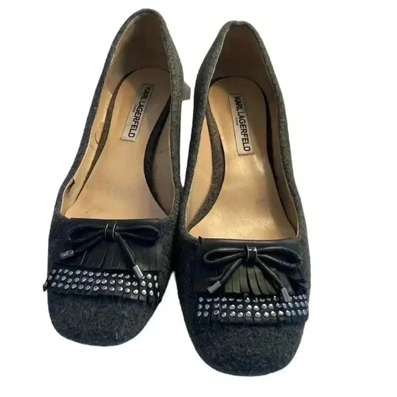 Karl Lagerfeld wool and tassled block heel rounded toe office career pumps gray - Picture 2 of 10